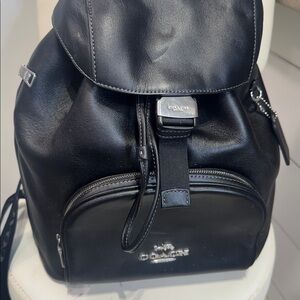 Coach Black Leather Drawstring Backpack with Front Zip Pocket